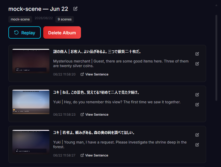 An album of captured scenes — each keeps the screenshot, the original line, and its translation