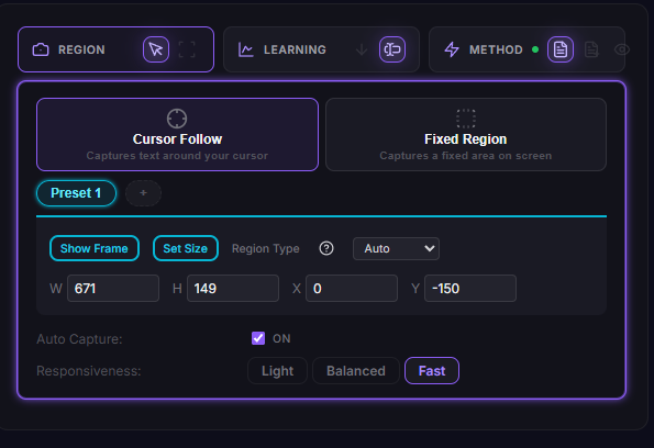 Region settings — Cursor Follow vs Fixed Region, with size and responsiveness controls