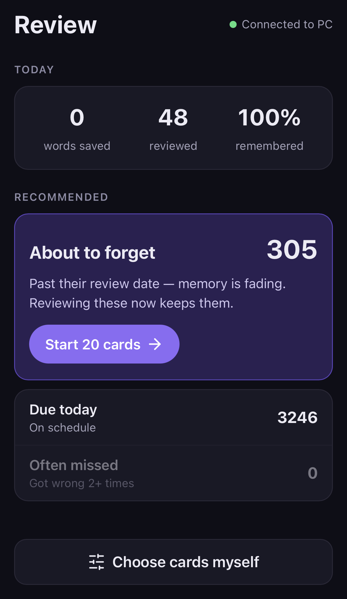 Phone Review home screen: today's numbers, About to forget with a Start 20 cards button, Due today and Often missed